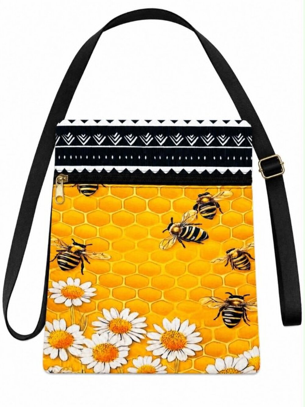 Bee and Daisy Honeycomb Crossbody Bag with Adjustable Black Strap